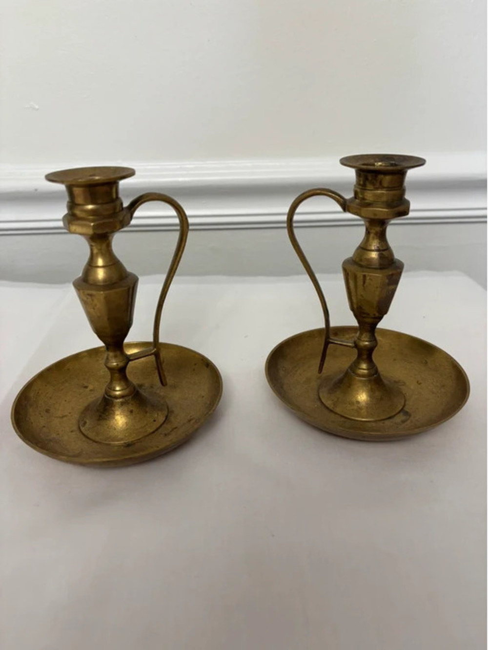 Vintage Brass Chamberstick Candle Holders Pair Finger Loop Drip Trays